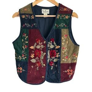 Vintage Tantrums Size Small 100% Cotton Boho Patchwork Floral Corduroy Vest